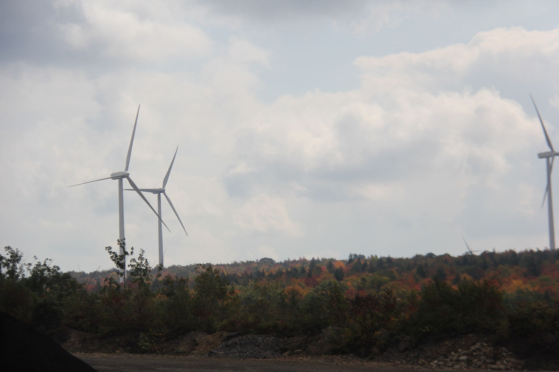 Wind turbines above an autumn forest